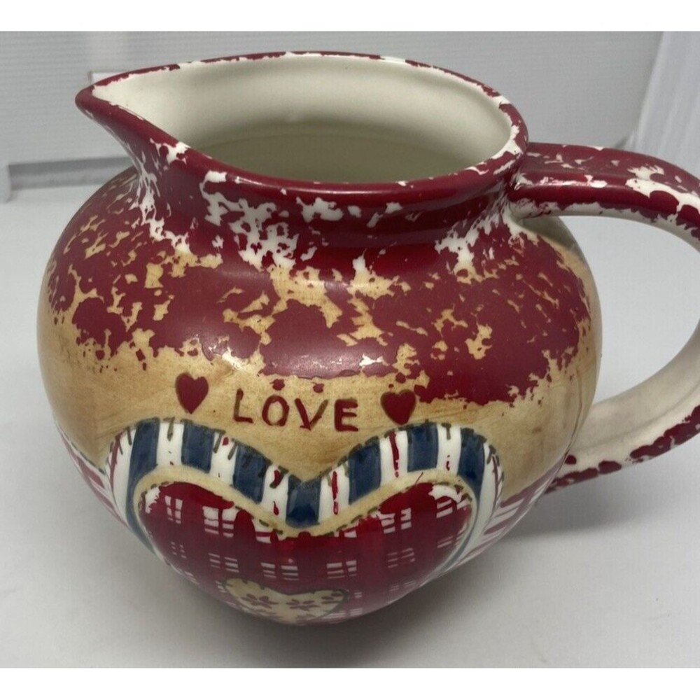 Patchwork Pitcher Vintage Cottage Core Russ Red Pottery Spongeware Water Pitcher